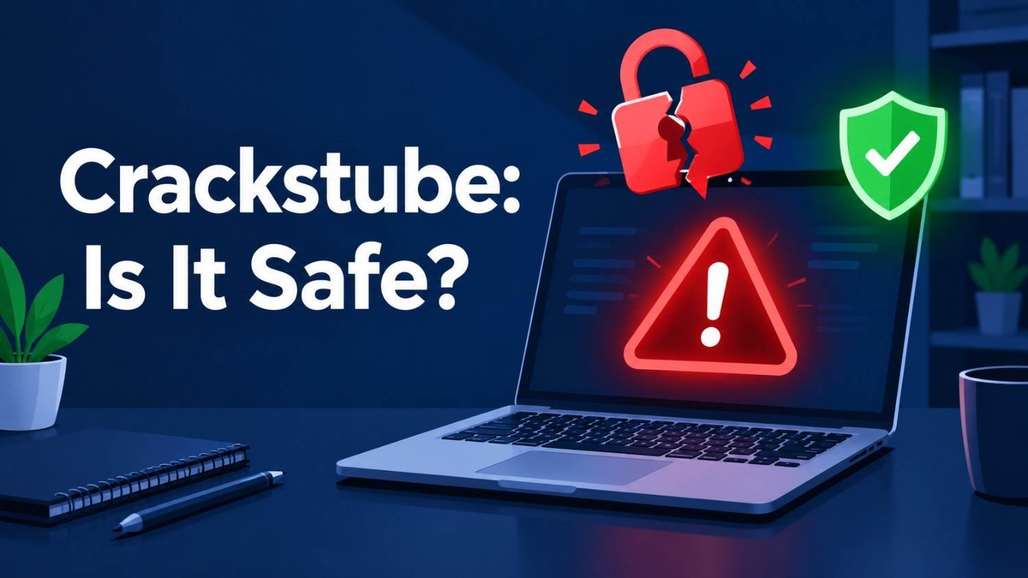 Crackstube explained with a laptop warning screen and cracked padlock showing the risks of cracked software