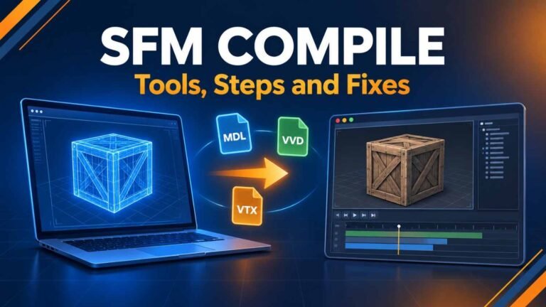 SFM compile banner showing a 3D crate model converting into MDL, VVD and VTX files for Source Filmmaker