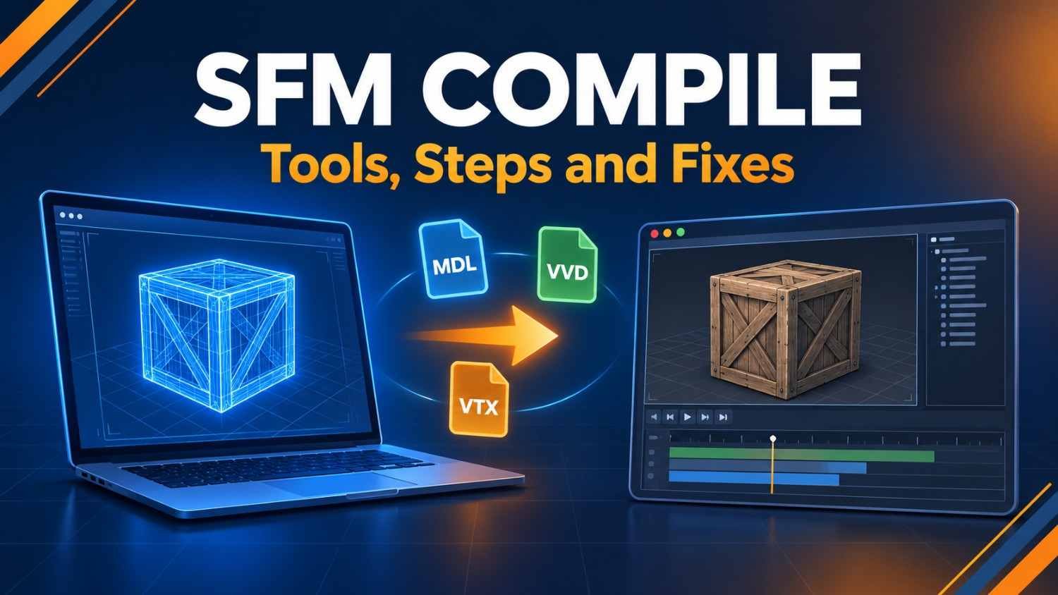 SFM compile banner showing a 3D crate model converting into MDL, VVD and VTX files for Source Filmmaker