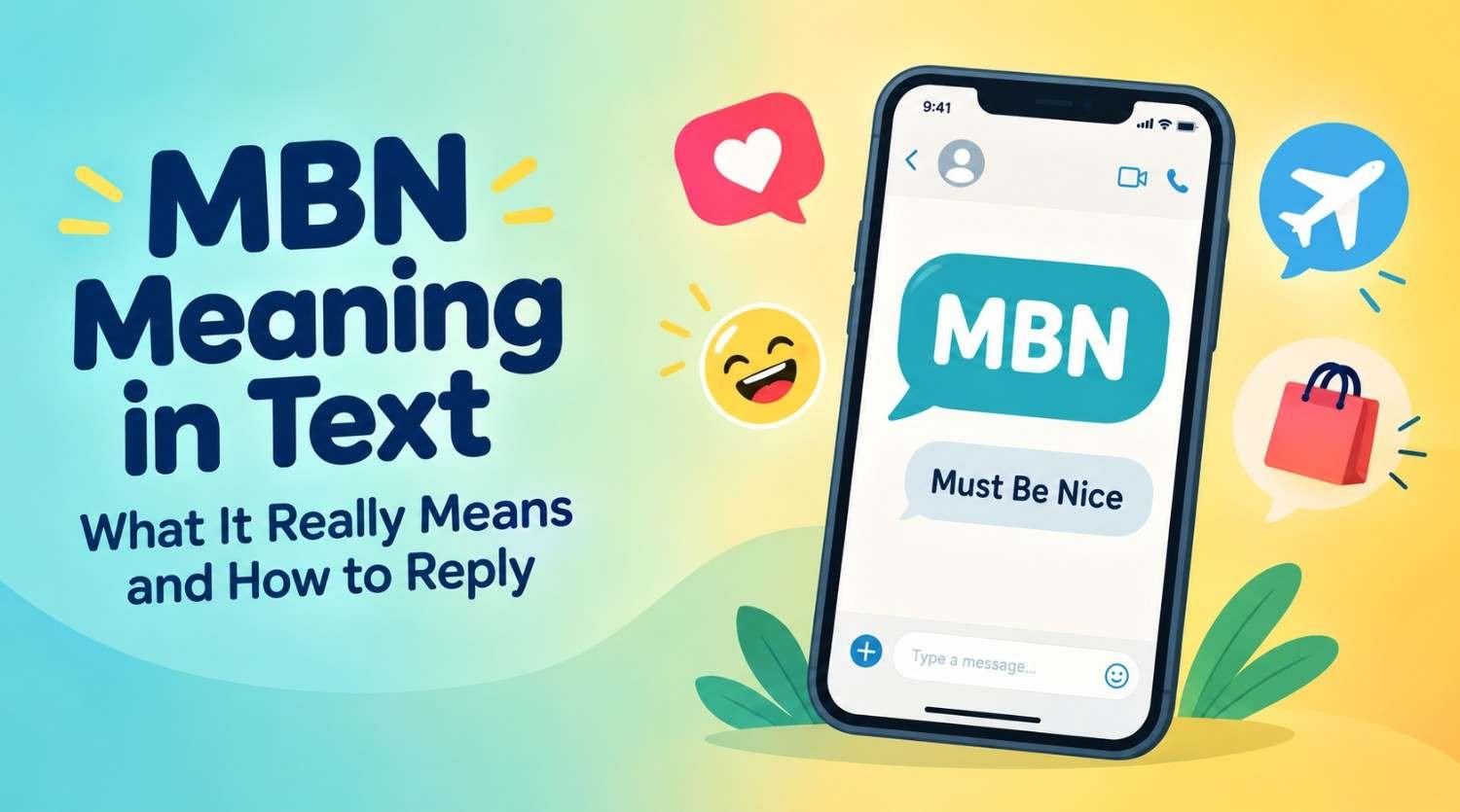 MBN meaning in text explained: a phone chat bubble showing MBN, short for must be nice, with playful reaction icons