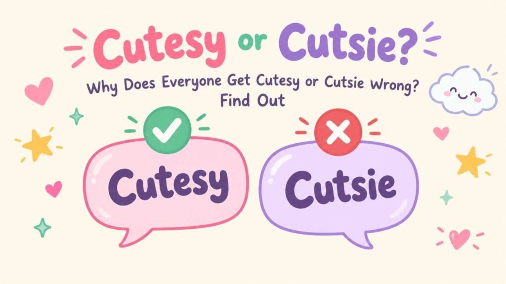 Cutesy or Cutsie spelling guide showing the correct spelling cutesy with a check mark and cutsie with a cross