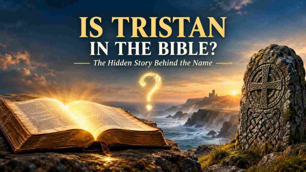 Open Bible beside a Celtic stone showing the meaning of Tristan in the Bible and the hidden story behind the name