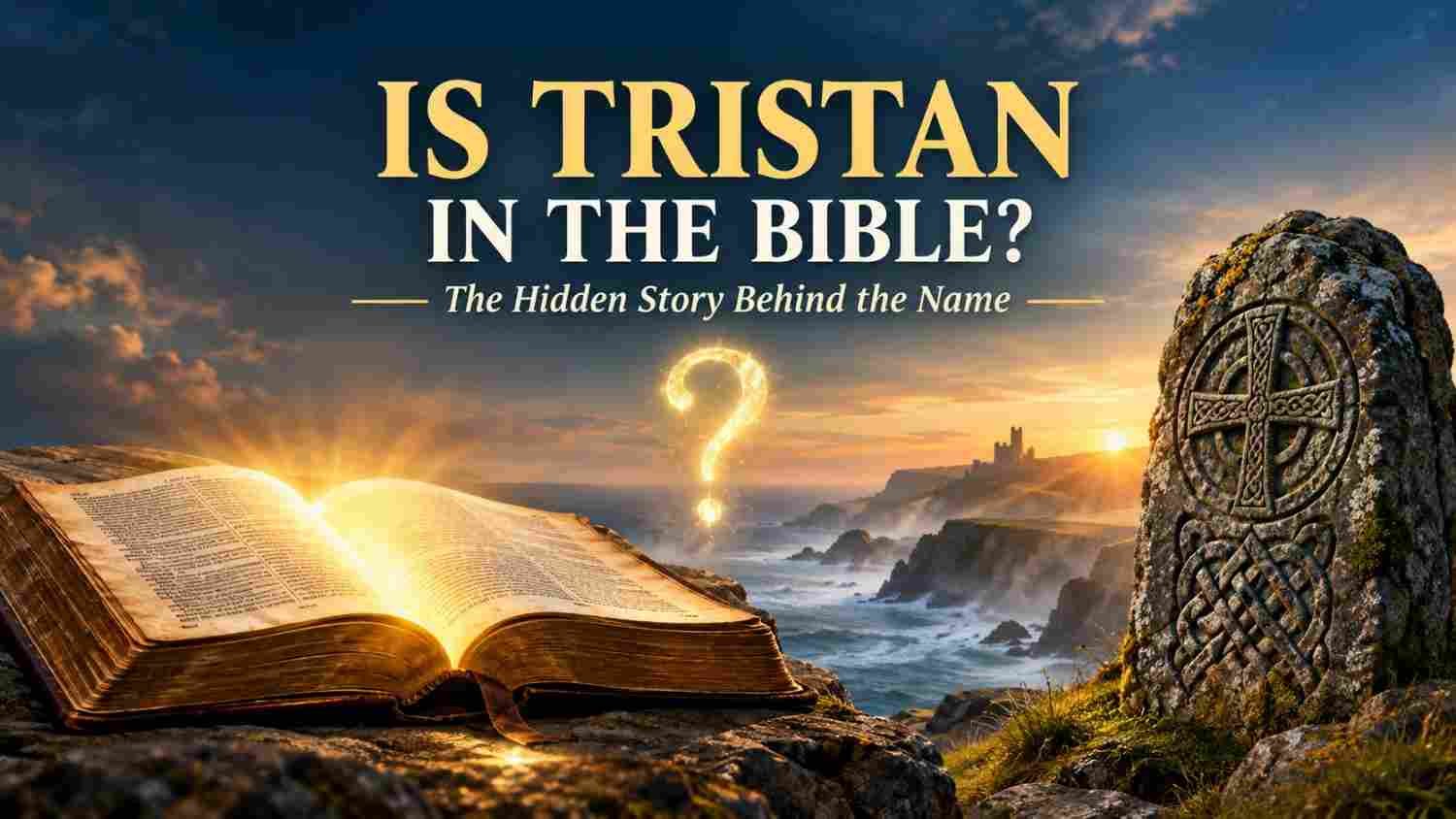 Open Bible beside a Celtic stone showing the meaning of Tristan in the Bible and the hidden story behind the name