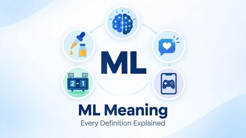 ML meaning explained with icons for milliliters, machine learning, texting slang, and moneyline