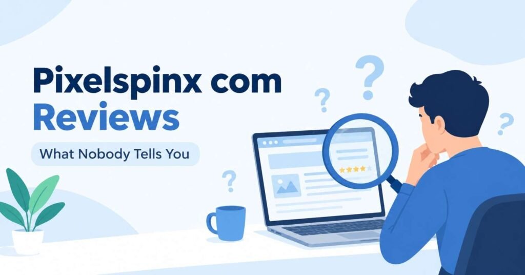 Person examining a laptop with a magnifying glass for pixelspinx com reviews guide