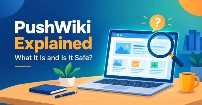 PushWiki explained: laptop with a magnifying glass over a website, showing what PushWiki is and if it is safe