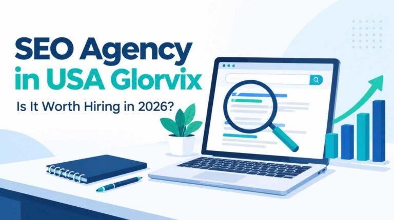 EO agency in USA Glorvix review guide with laptop, search results and growth chart