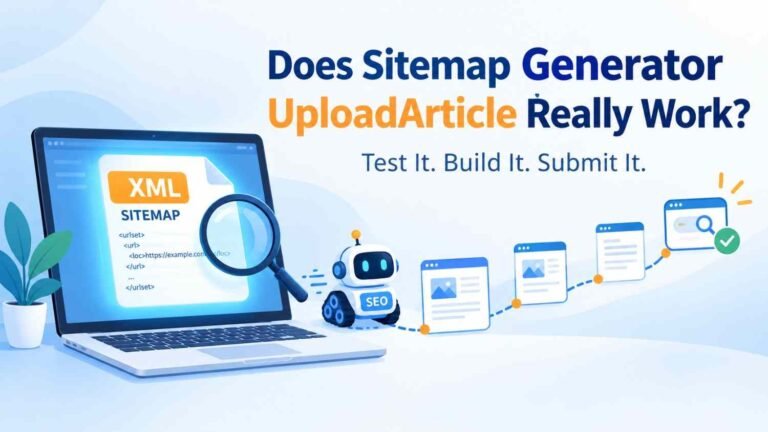 Does sitemap generator uploadarticle really work illustration showing an XML sitemap on a laptop with a crawler bot