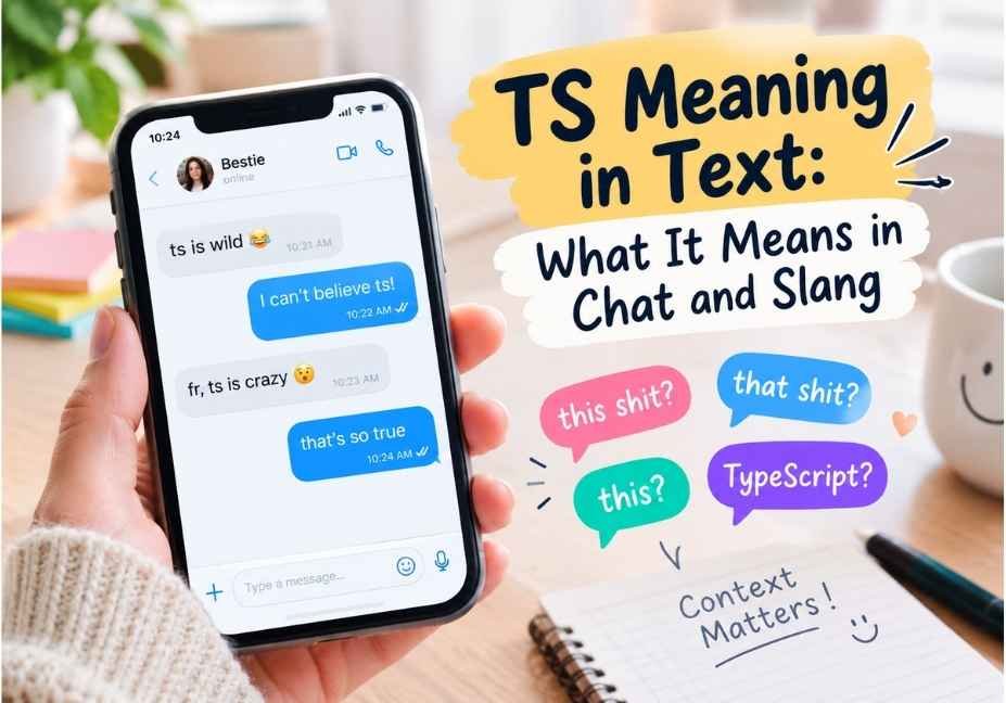 TS meaning in text explained with a smartphone chat showing common texting slang