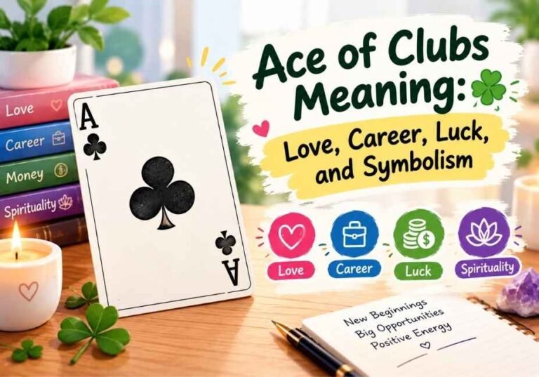 Ace of Clubs meaning illustrated with a playing card and symbols of love, career, luck and spirituality.