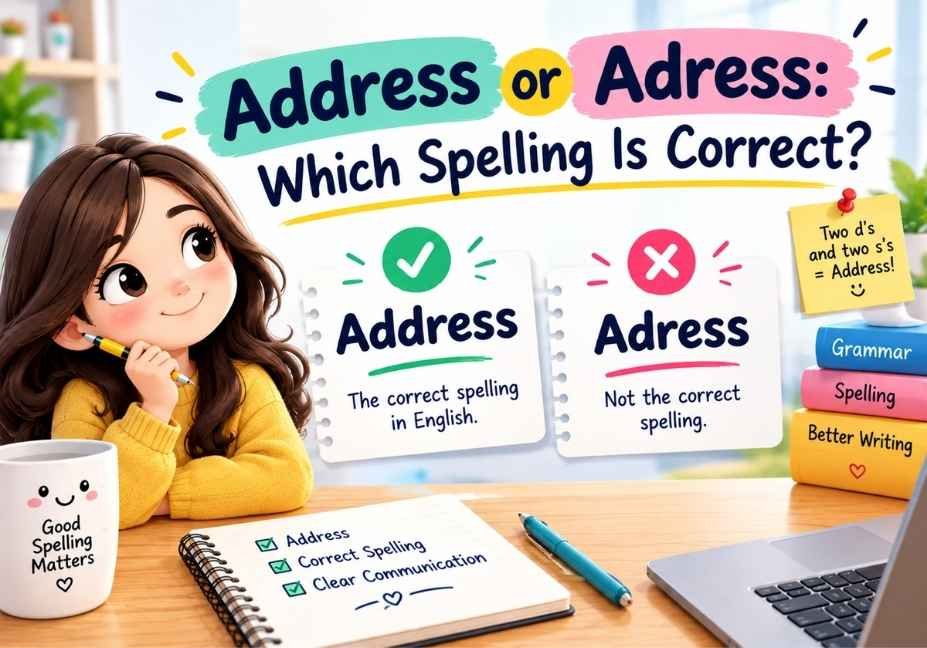 Address or Adress spelling comparison showing the correct English spelling Address