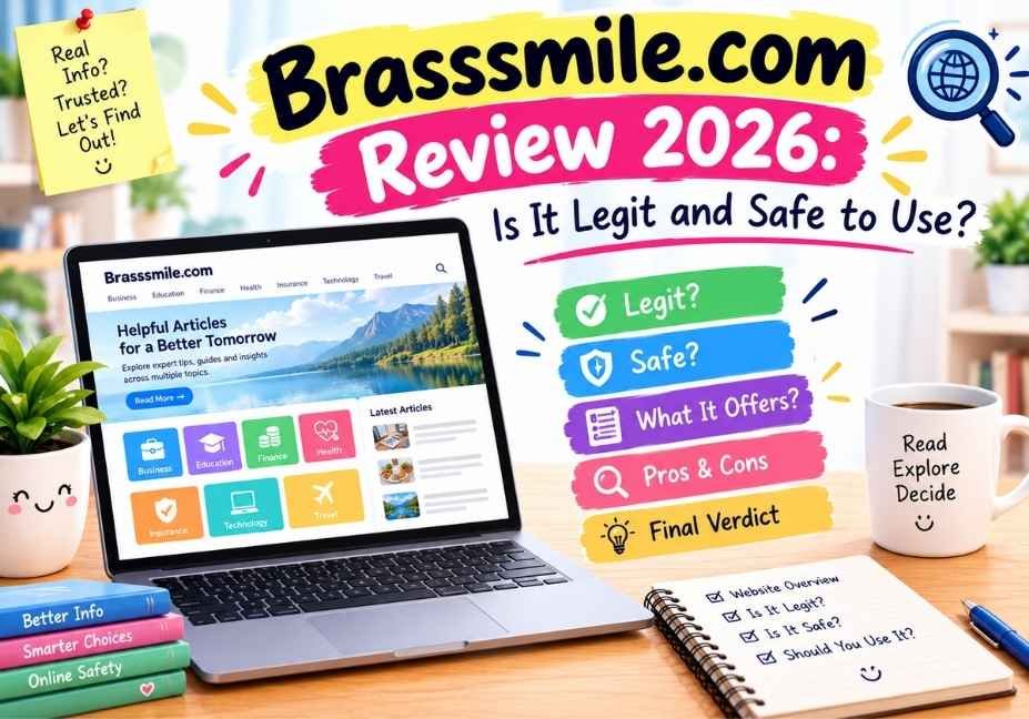 Laptop showing Brasssmile.com website on desk with coffee and notebook, title ‘Brasssmile.com Review 2026: Is It Legit and Safe to Use?