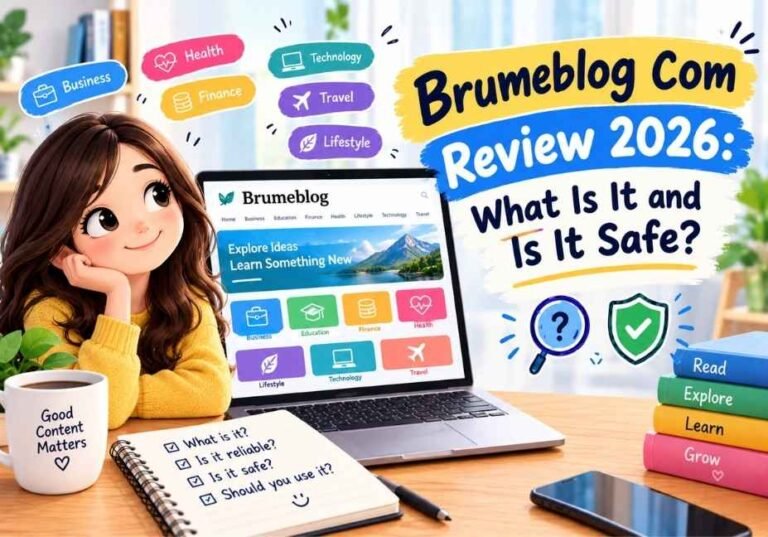 Brumeblog Com Review 2026 featuring a cute blog illustration, website categories and safety checklist.