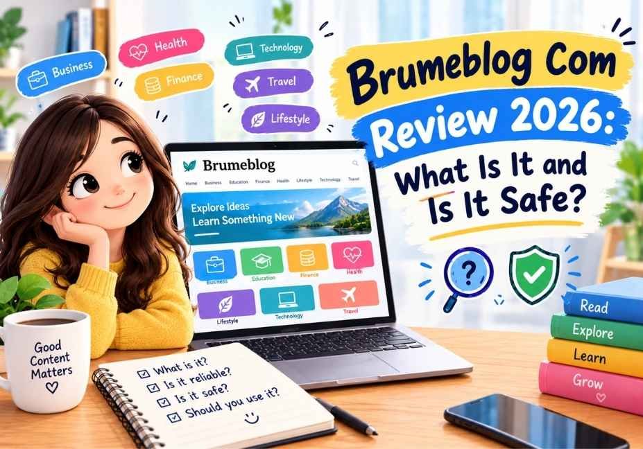Brumeblog Com Review 2026 featuring a cute blog illustration, website categories and safety checklist.