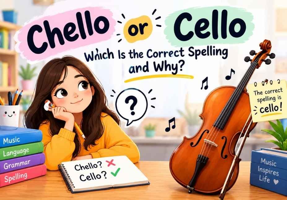 Chello or cello spelling explained with a cute student, cello instrument and correct spelling guide