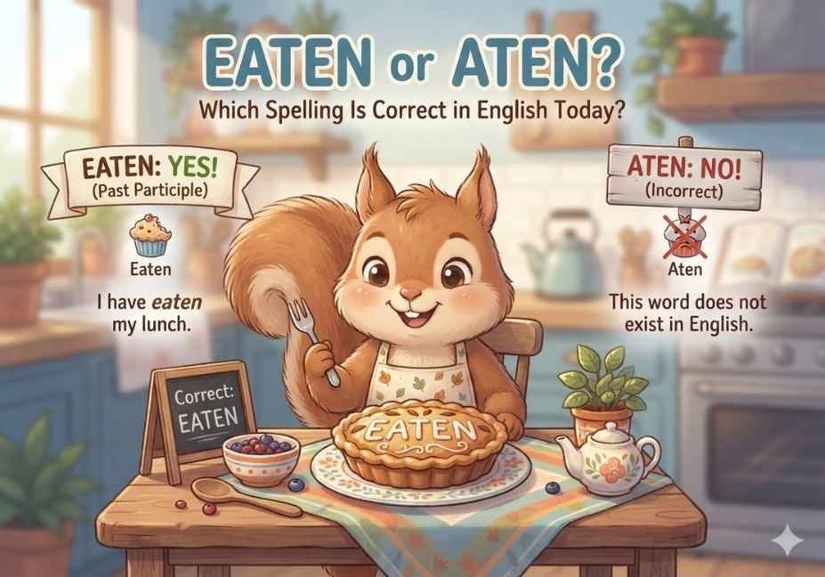 Eaten vs Aten correct spelling explanation infographic with cute squirrel cartoon in kitchen by Cypherautomation.com