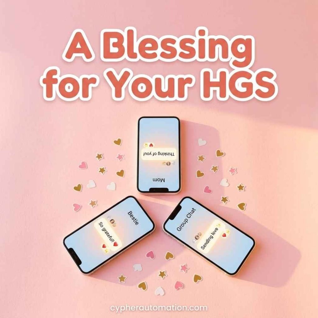 Three smartphones with chat bubbles on pink background with hearts and stars, text ‘A Blessing for Your HGS