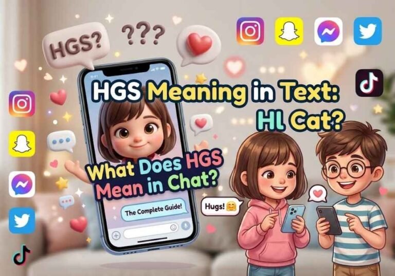 Illustrated kids texting on phones with app icons, text ‘HGS Meaning in Text: What Does HGS Mean in Chat?