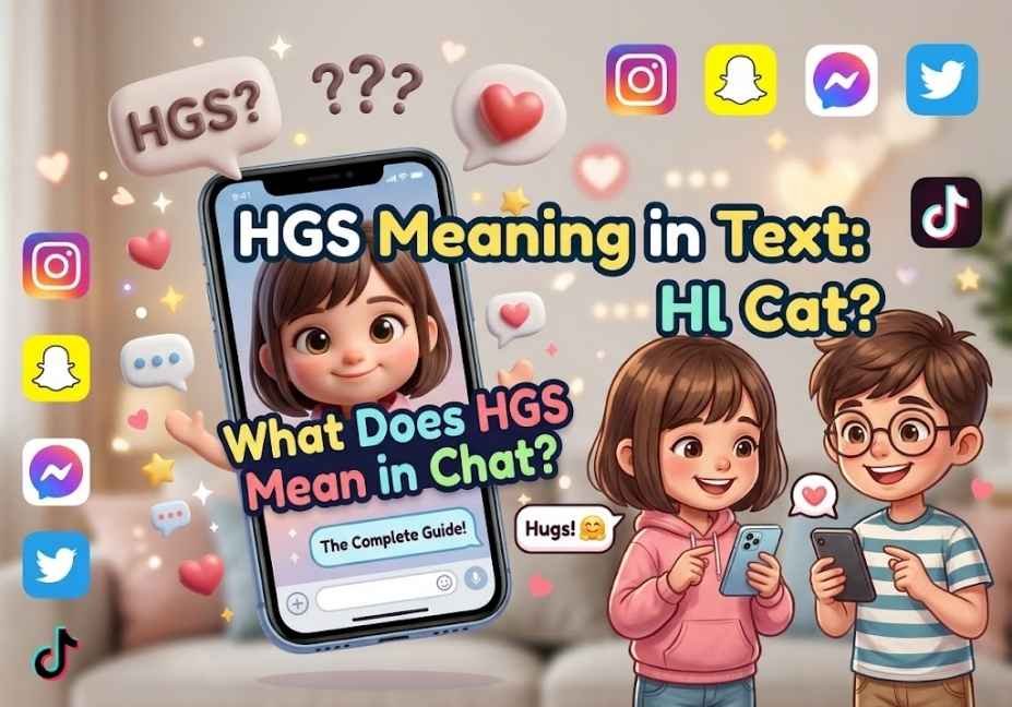 Illustrated kids texting on phones with app icons, text ‘HGS Meaning in Text: What Does HGS Mean in Chat?