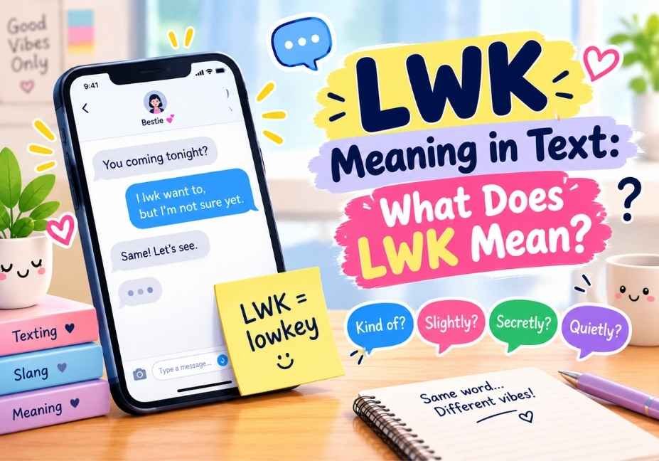 LWK meaning in text explained with a cute smartphone texting conversation and lowkey definition