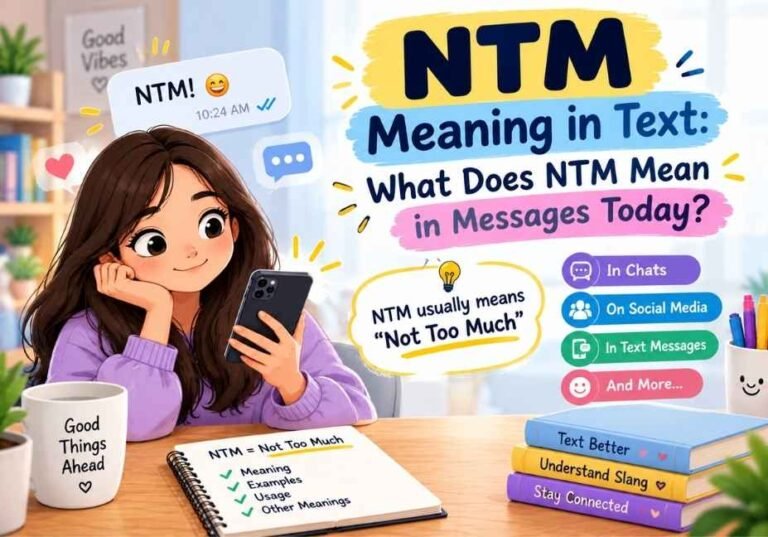 NTM meaning in text explained with a cute girl texting and a chat message showing Not Too Much