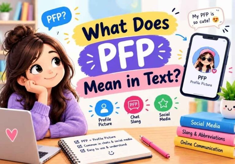 What Does PFP Mean in Text? Cute illustration explaining PFP as profile picture with a smartphone and social media icons