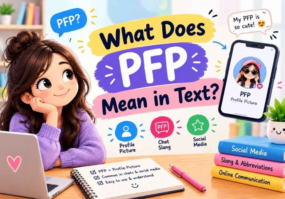 What Does PFP Mean in Text? Cute illustration explaining PFP as profile picture with a smartphone and social media icons