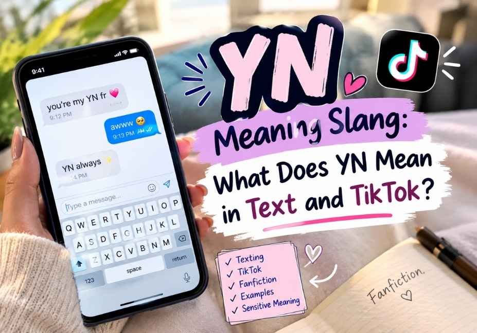 YN meaning slang explained in text and TikTok with a smartphone, chat messages, and fanfiction theme.